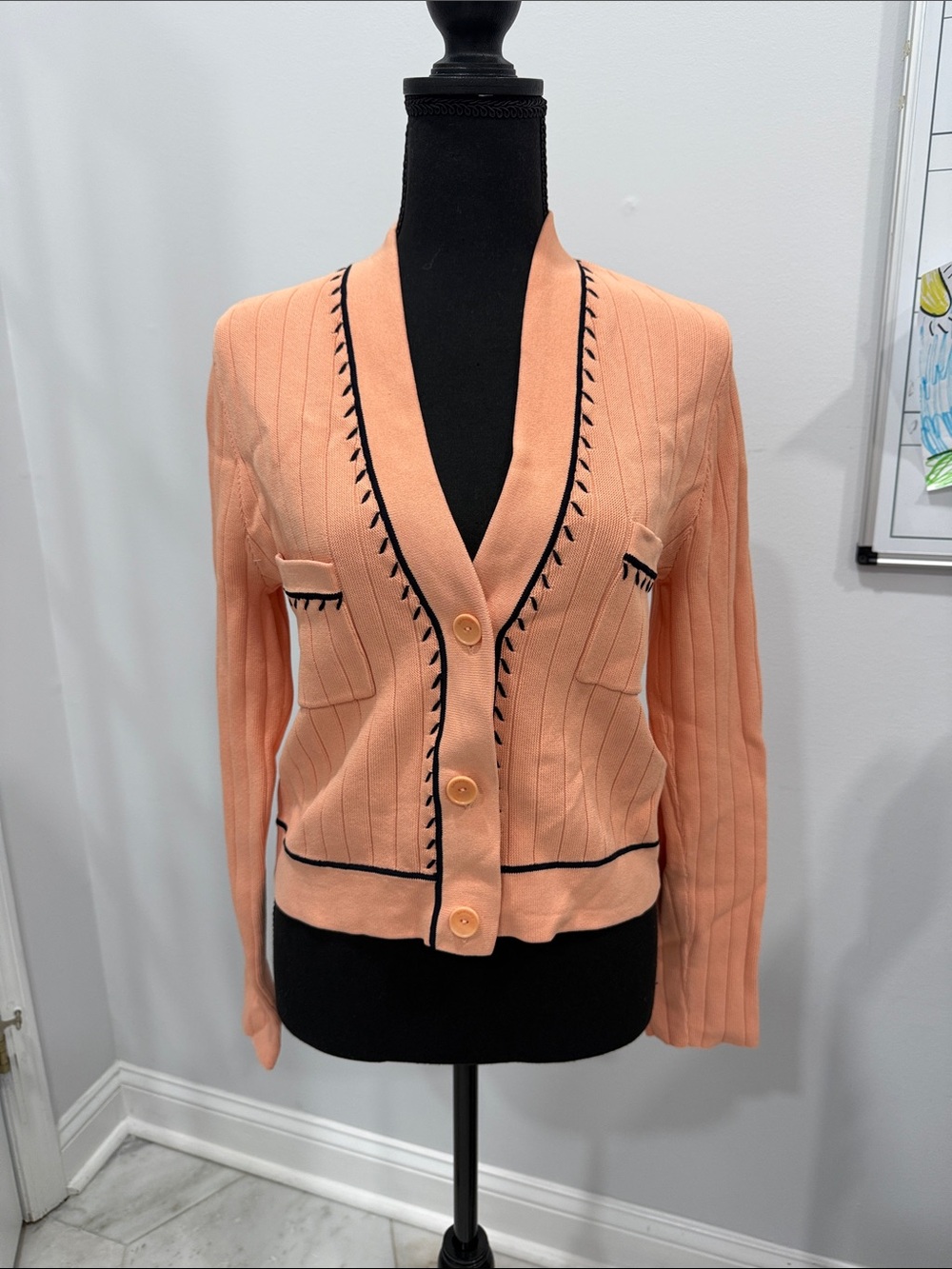 Sandro Peach Knit Blazer with Black Trim